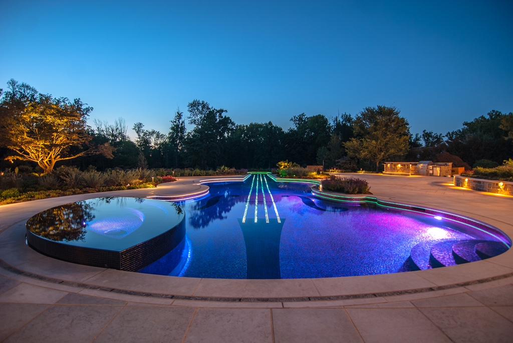 The pool looks a bit like a guitar in this view and the perimeter overflow spa shines like a polished ebony chin-rest.