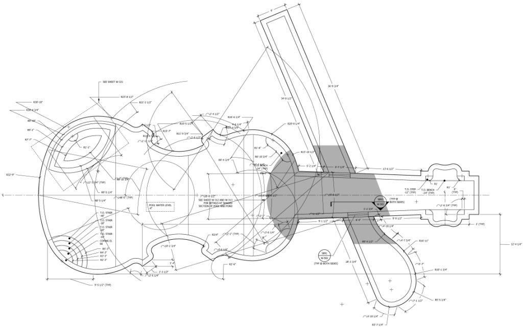 The owner plays the violin and he thought of the shape for the pool because he wanted a play area (body), lap section (neck) and spa (chin-rest). The "bow" was conceived as a koi pond, separated from the neck by acrylic windows.