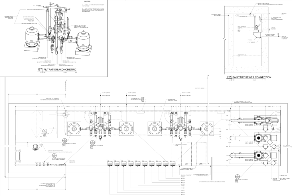 The subterranean equipment vault included a surge tank where the waterwall's water-in-transit was stored. This was done by gravity flowing from the wall's basin to the surge tank so that a tightly controlled water level was always present in the public area for safety and aesthetic purposes. Filtration systems were engineered to maintain water quality for the waterwall, three rain garden features, and a small recessed waterwall at the eating area.